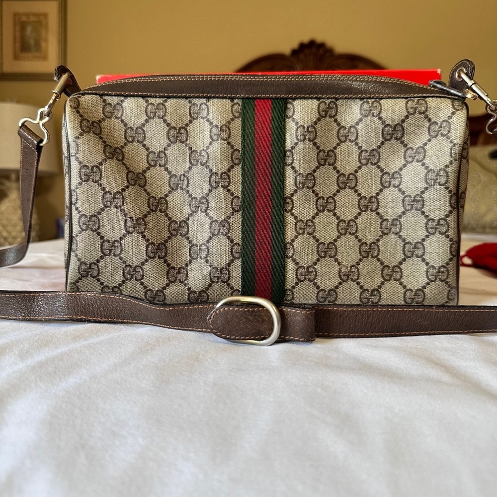 Vintage Gucci Shelly Web Crossbody Bag Brown Canvas